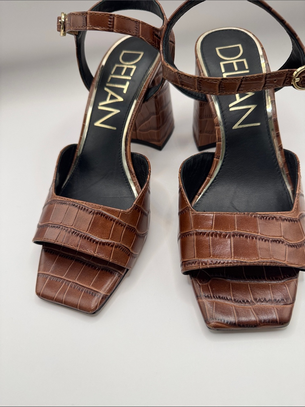 DELTAN  Brown Croc-Embossed Block Heel Sandals with Ankle Strap 6.5